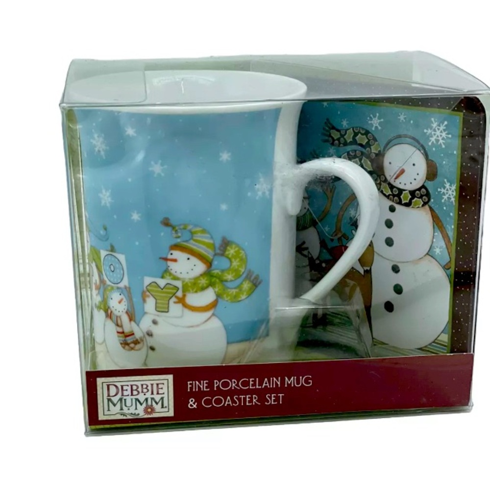 NEW DEBBIE MUMM FINE PORCELAIN SNOWMAN MUG & MATCHING COASTER SET.